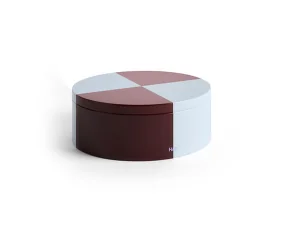 Tin Container Round, burgundy and ice blue