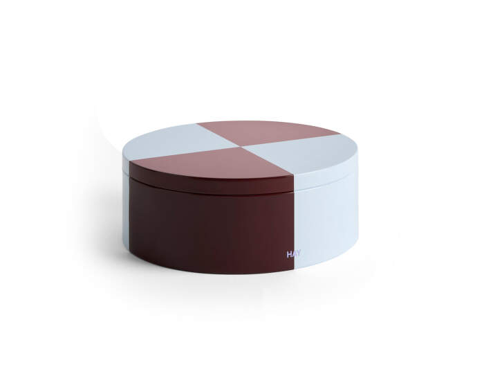 Tin Container Round, burgundy and ice blue