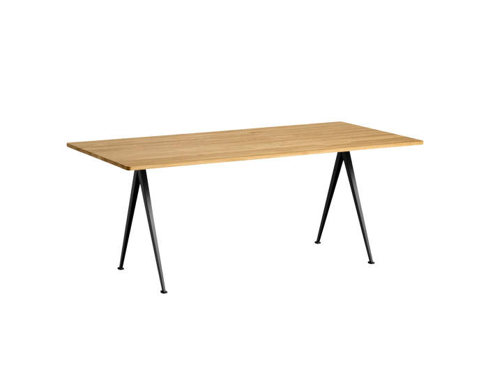 Pyramid Table 02, 190 x 85 x 74 cm, black powder coated steel / clear lacquered solid oak
