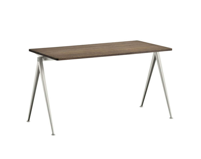 Pyramid Table 01, 140 x 65 x 74 cm, beige powder coated steel / smoked solid oak