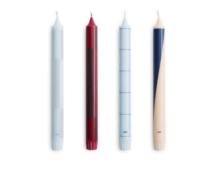 Pattern Candle, set of 4, blues and bordeaux