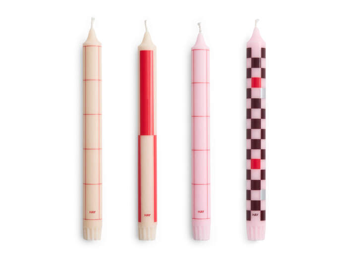 Pattern Candle, set of 4, reds and bordeaux
